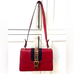 GUCCI Sylvie Red Leather Web Stripe Chain Detail Shoulder Bag w/ Dust Bag